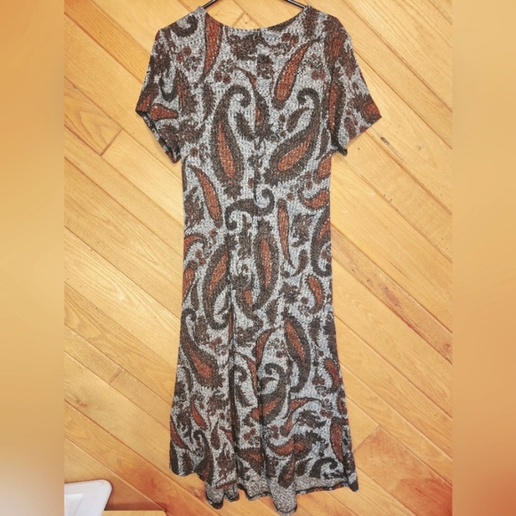 Tacera XL Gray and brown short sleeved paisley midi dress - Picture 6 of 10